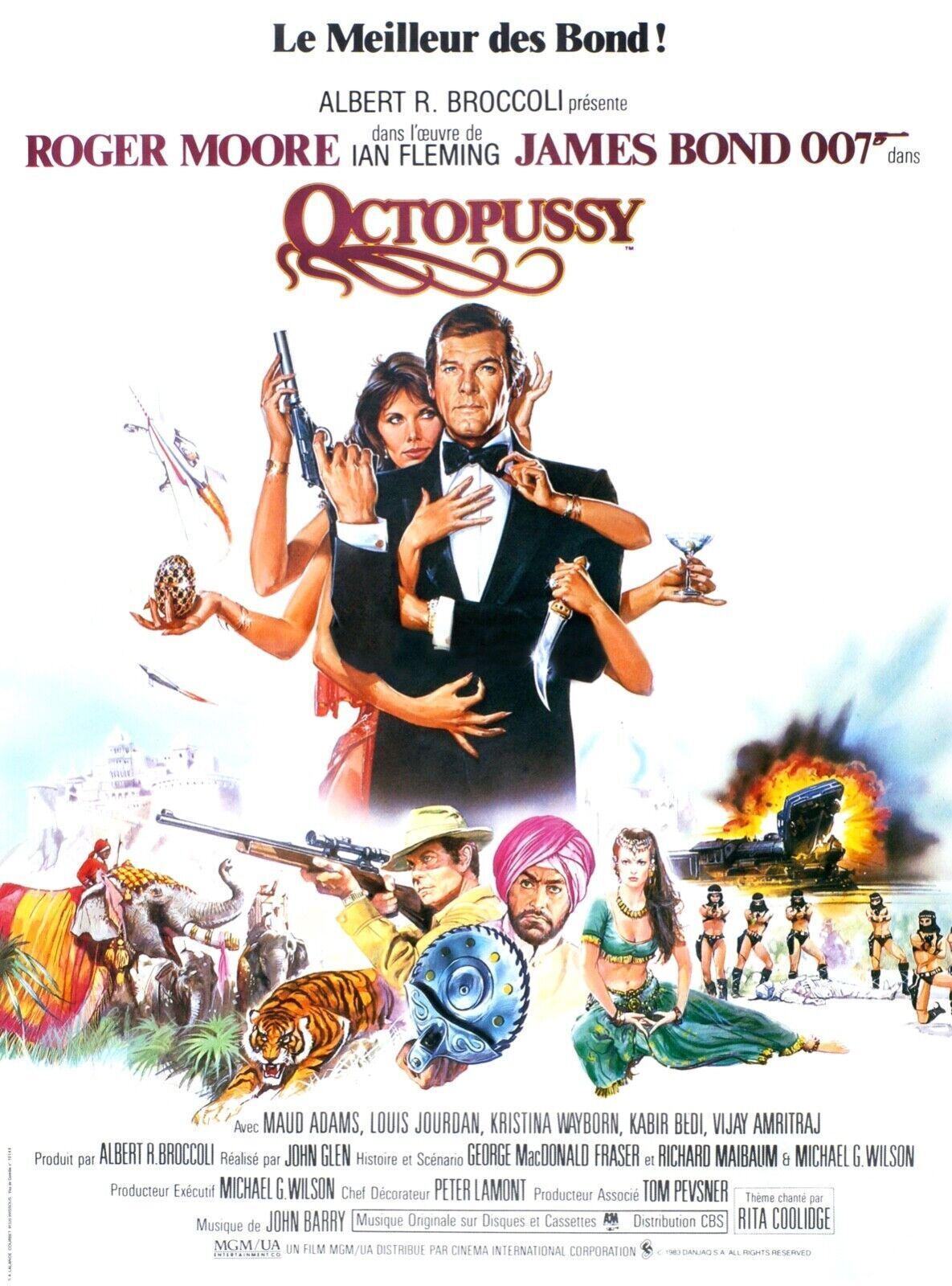 OCTOPUSSY, ROGER MOORE, JAMES BOND 007, 1983, REPRO AFFICHE DE CINEMA VINTAGE, HQ