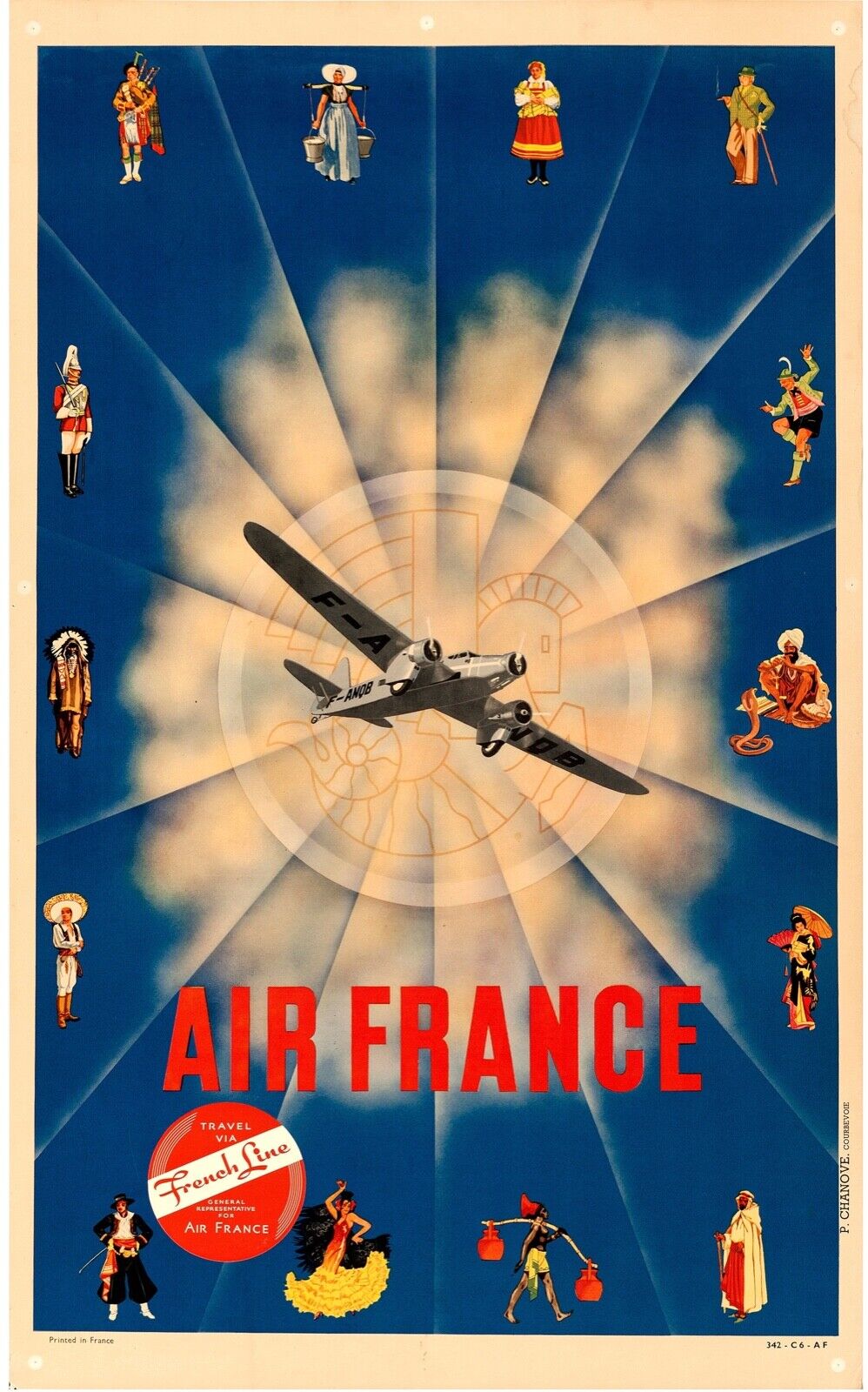 AIR FRANCE PLANE CLOCK REPRO VINTAGE TRAVEL ADVERTISING POSTER ON CANVAS