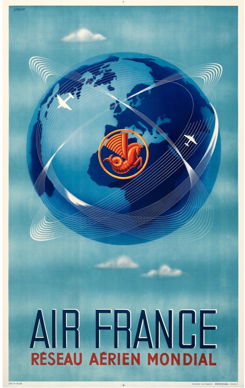 AIR FRANCE, GLOBE PLANE, REPRO TRAVEL ADVERTISING POSTER, VINTAGE, HQ