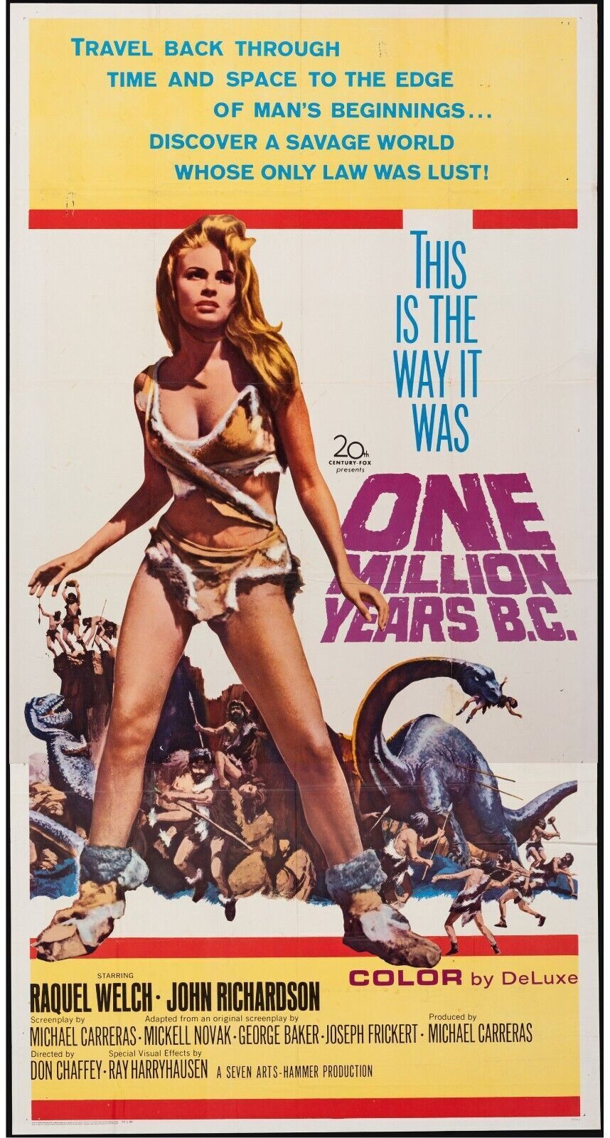 ONE MILLION YEARS B.C., RAQUEL WELCH, JOHN RICHARDSON, 1966 cinema poster reproduction, HQ