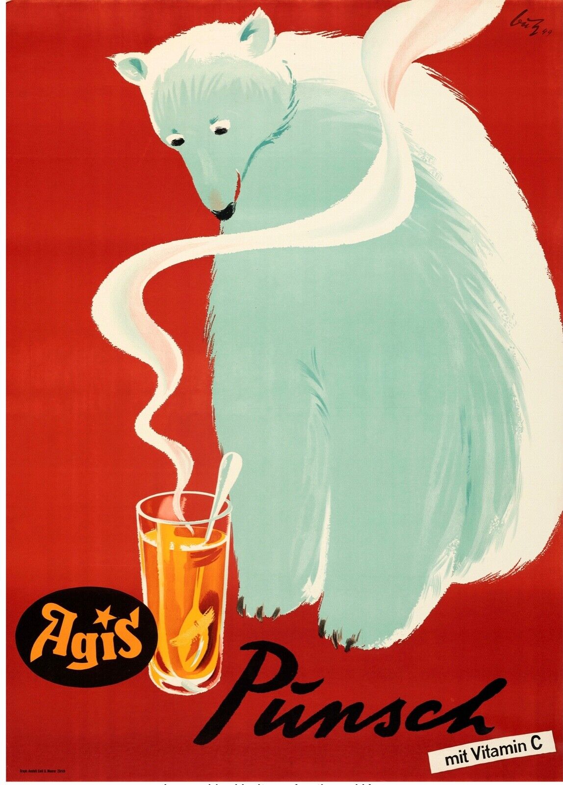 PUNSCH, OURS BLANC, ALCOOL AFFICHE PUBLICITAIRE VINTAGE REPRO HQ