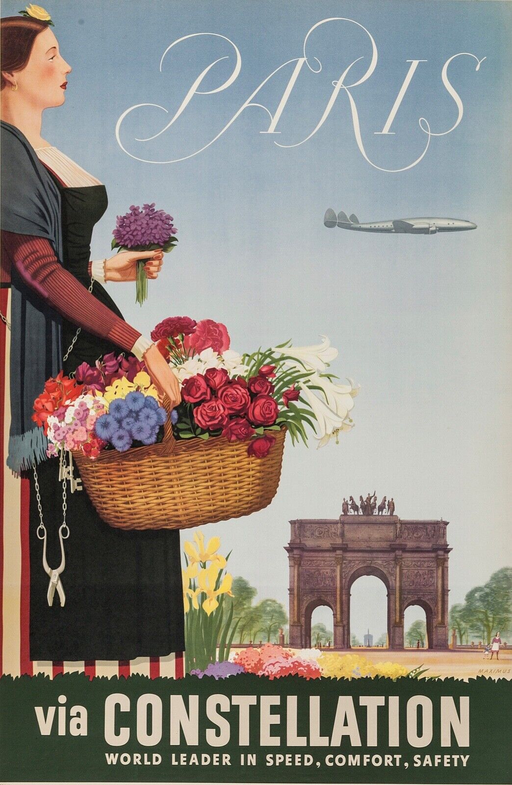 PARIS VIA CONSTELLATION, REPRO AFFICHE TOURISME VINTAGE,  HQ