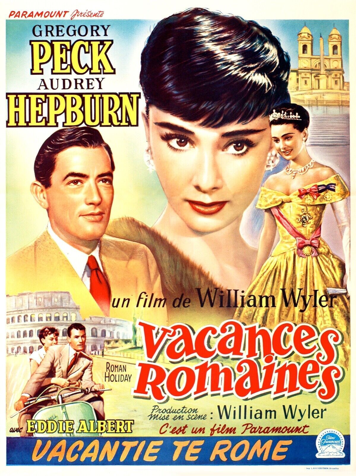 VACACIONES EN ROMA, GREGORY PECK, AUDREY HEPBURN, 1953, reproducción de póster de cine en alta calidad