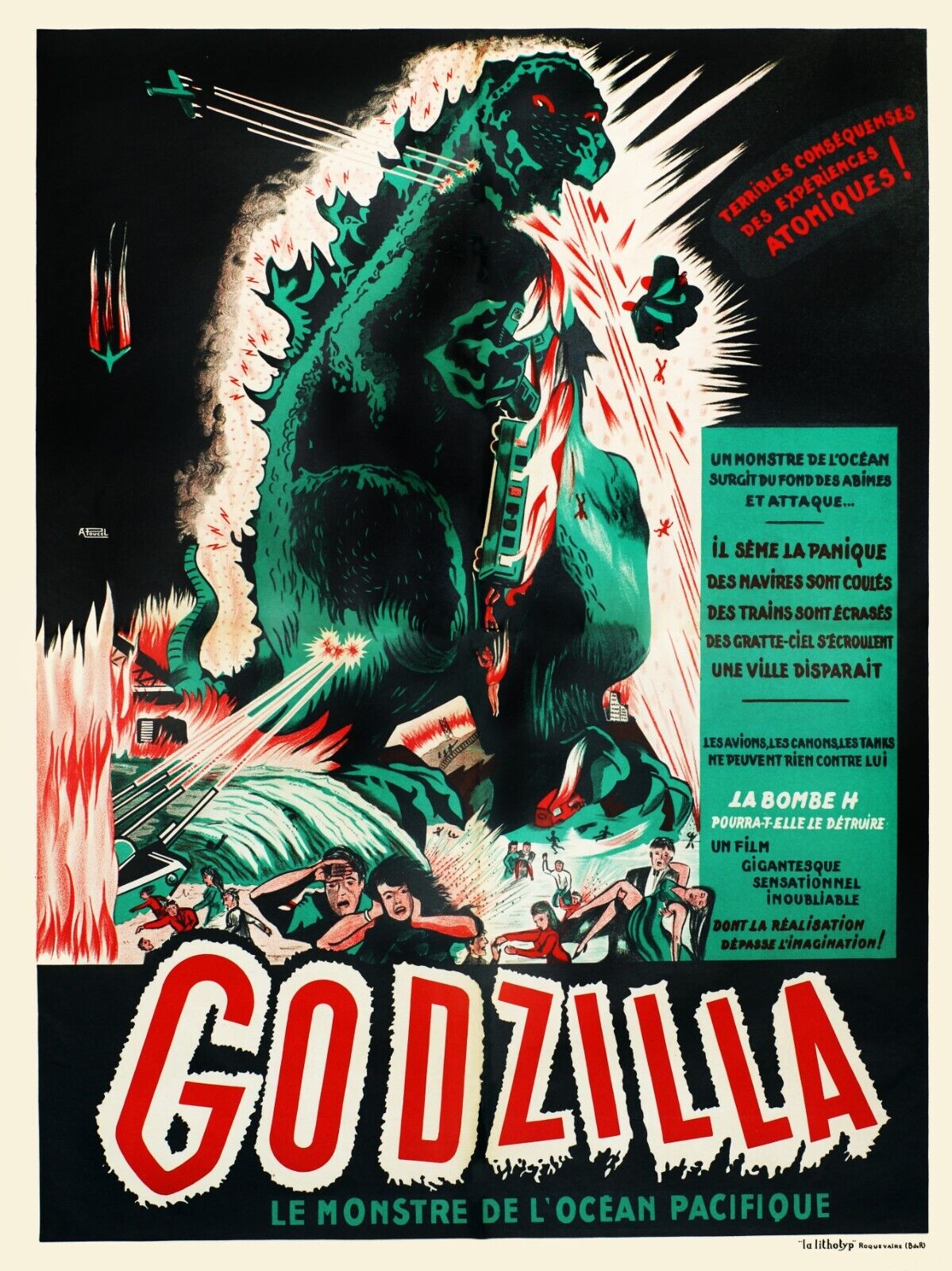 GODZILLA, LE MONSTRE, REPRO AFFICHE CINEMA VINTAGE ET MODERNE