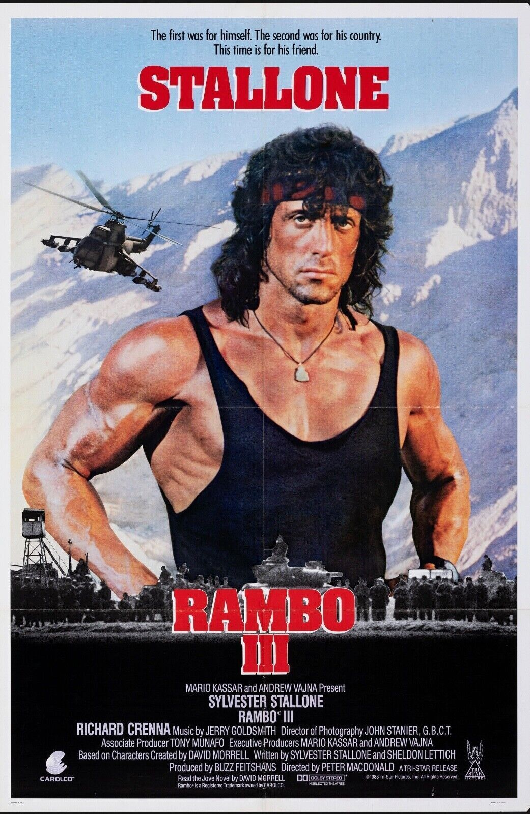 RAMBO III,  SYLVESTER STALLONE, 1988, REPRO AFFICHE DE REPRODUCTION CINEMA VINTAGE, HQ