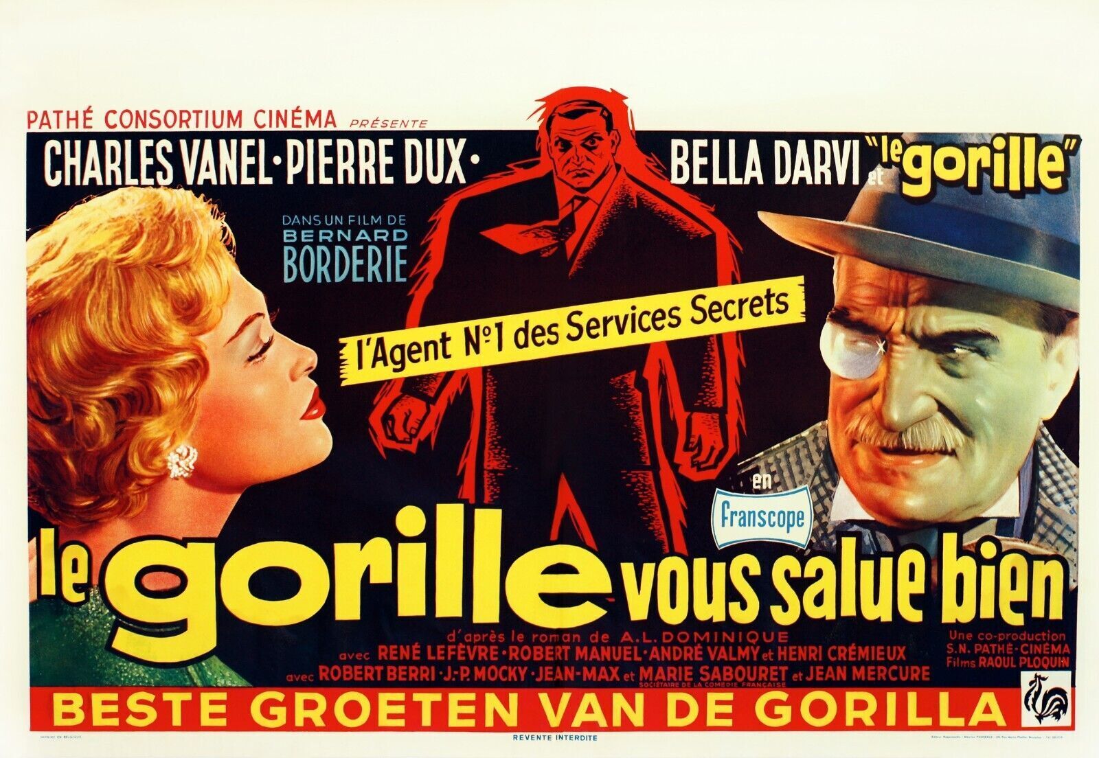 THE GORILLA SENDS YOU A MESSAGE, PIERRE DUX, 1958, REPRO VINTAGE BELGIAN CINEMA POSTER, HQ