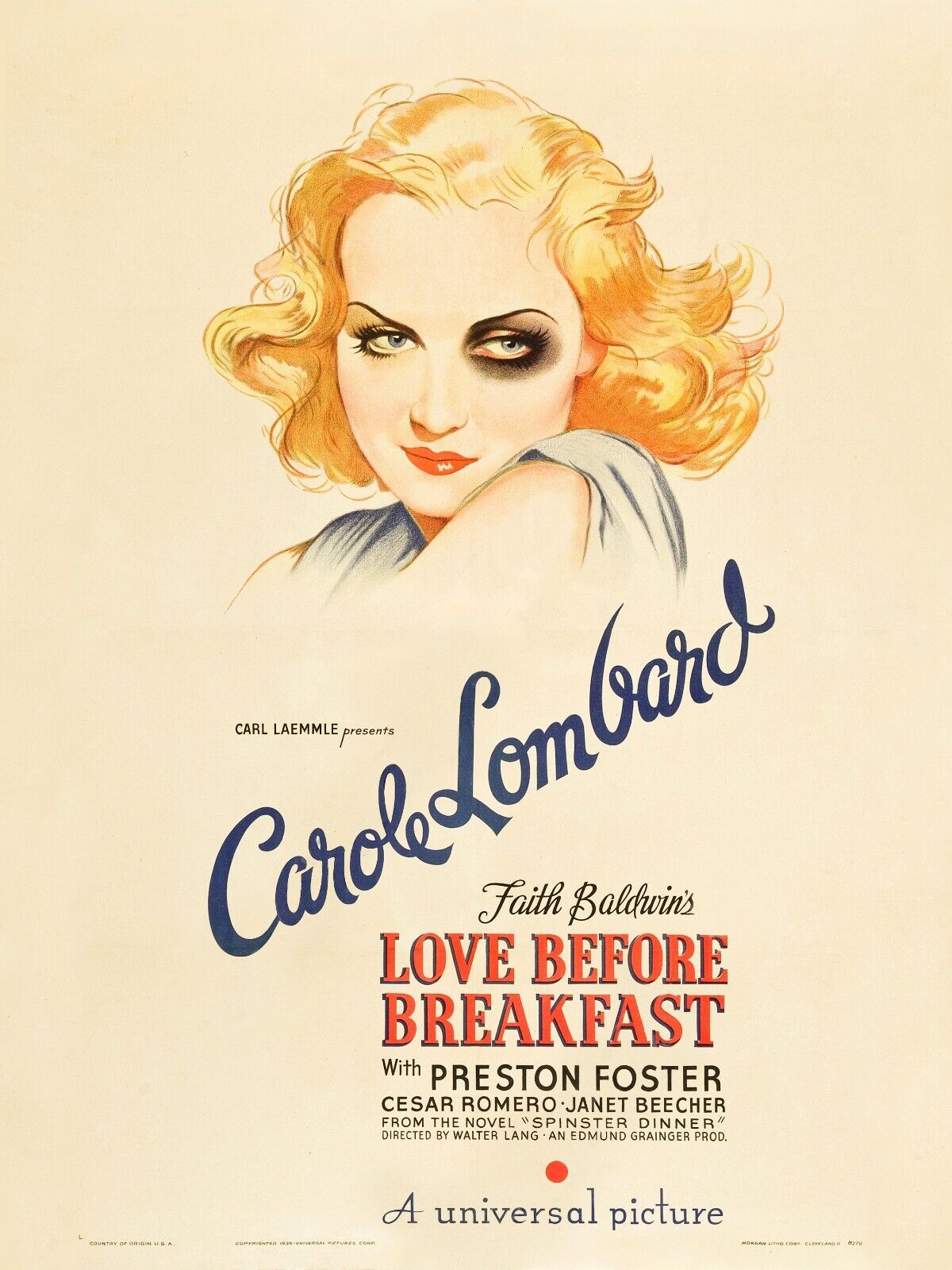 LOVE BEFORE BREAKFAST, CAROLE LOMBARD, 1936, AFFICHE CINEMA VINTAGE, REPRO AFFICHE SUR TOILE
