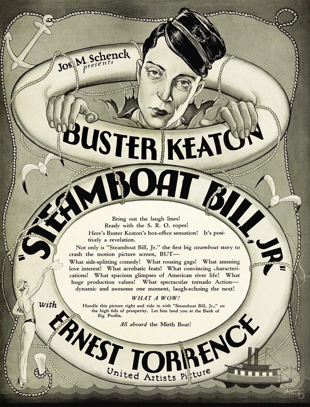 CADET D’EAU DOUCE (STEAMBOAT BILL JR), BUSTER KEATON, 1928, REPRO MOVIE POSTER, VINTAGE, HQ