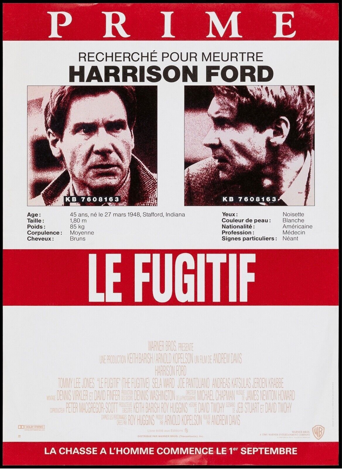 THE FUGITIVE, HARRISON FORD, 1993, REPRO CINEMA POSTER, VINTAGE, HQ