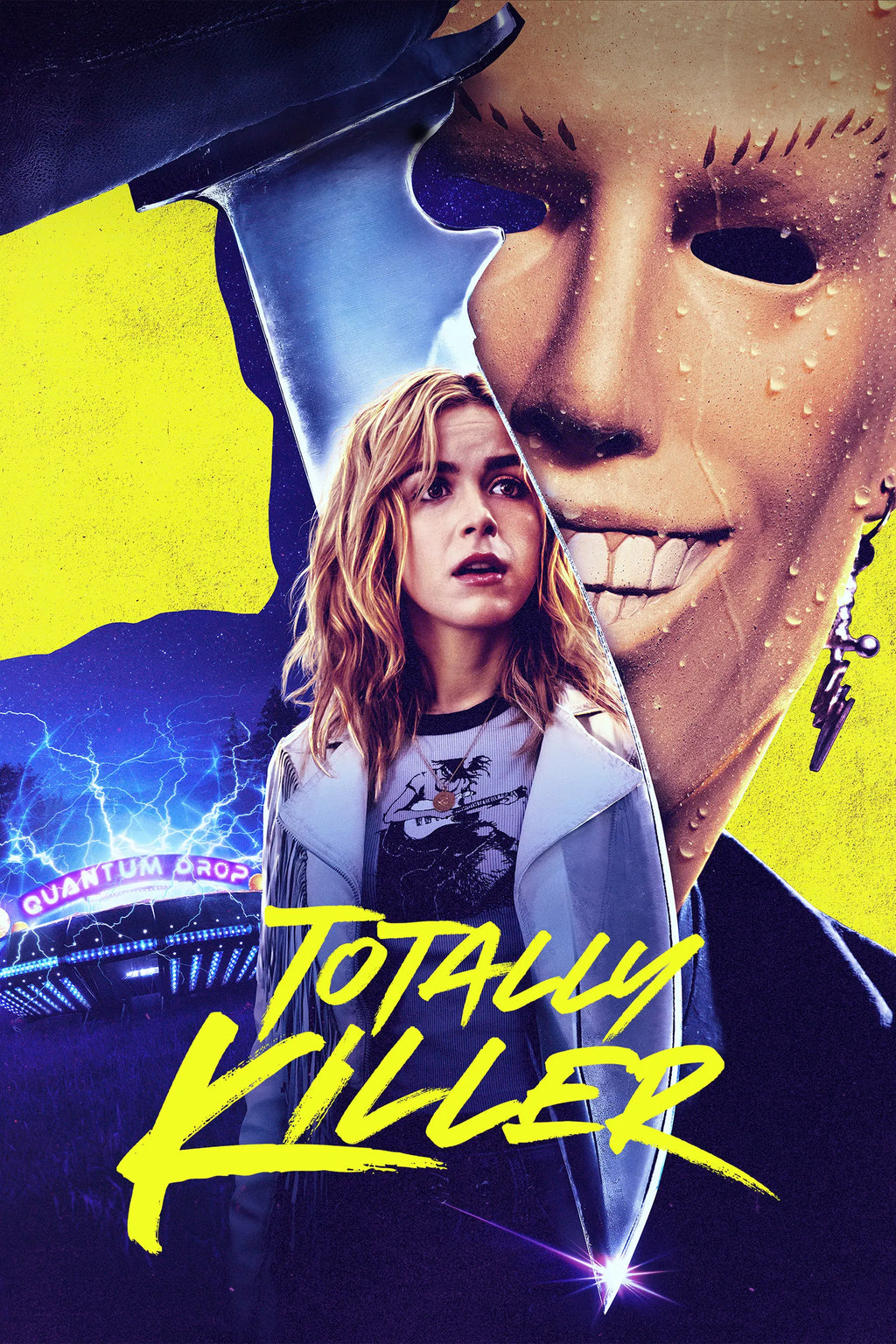 Affiche du film Totally Killer avec une adolescente face à un tueur masqué, éclairage néon et ambiance rétro, mettant en scène Kiernan Shipka dans un style slasher moderne.