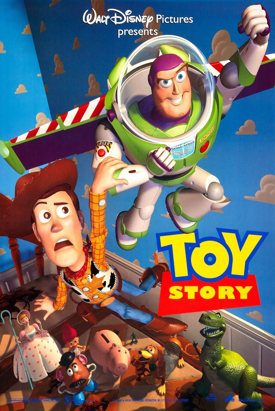 Affiche du film Toy Story avec Buzz l’Éclair volant et Woody surpris, entourés de jouets dans une chambre d’enfant, style animation colorée Disney Pixar.