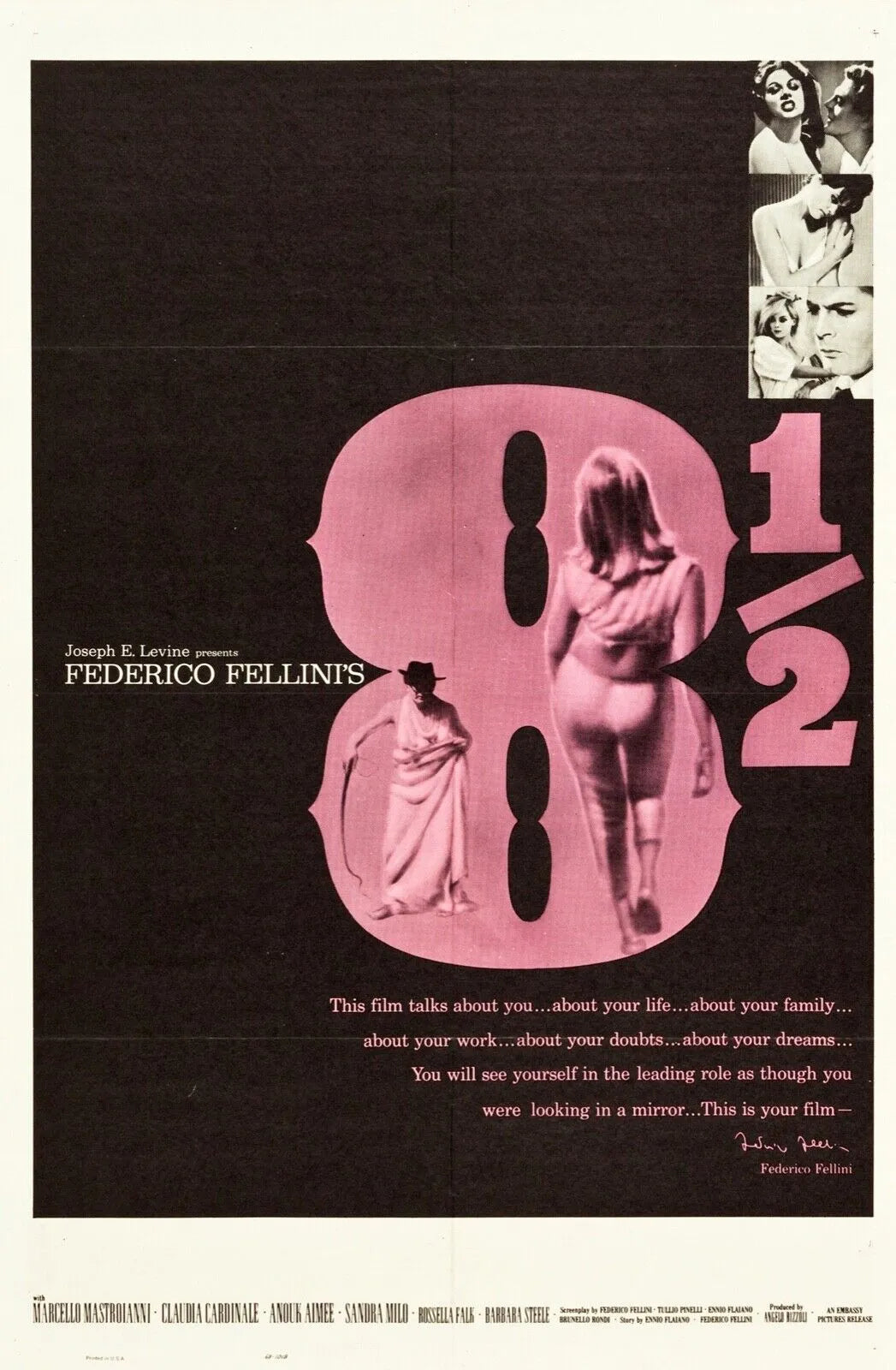8 1/2, FREDERICO FELLINI, 1963, REPRO AFFICHE DE CINÉMA, VINTAGE, HQ
