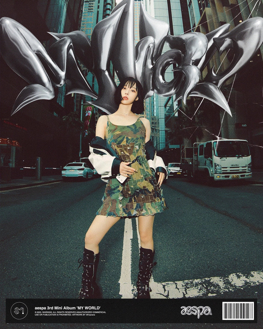 aespa My World solo poster with member standing in city street wearing camo dress and boots with metallic text behind.