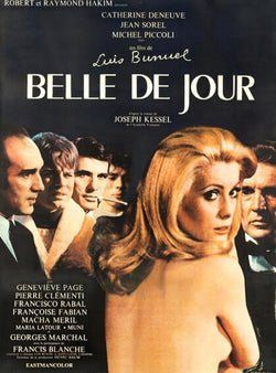 Affiche iconique du film Belle de Jour représentant Catherine Deneuve de dos, entourée de plusieurs hommes, dans une composition à la fois élégante et énigmatique.
Le visuel souligne le contraste entre apparence et désir, thème central du film.
L’ensemble évoque le raffinement, le mystère et la modernité du cinéma français des années 60.