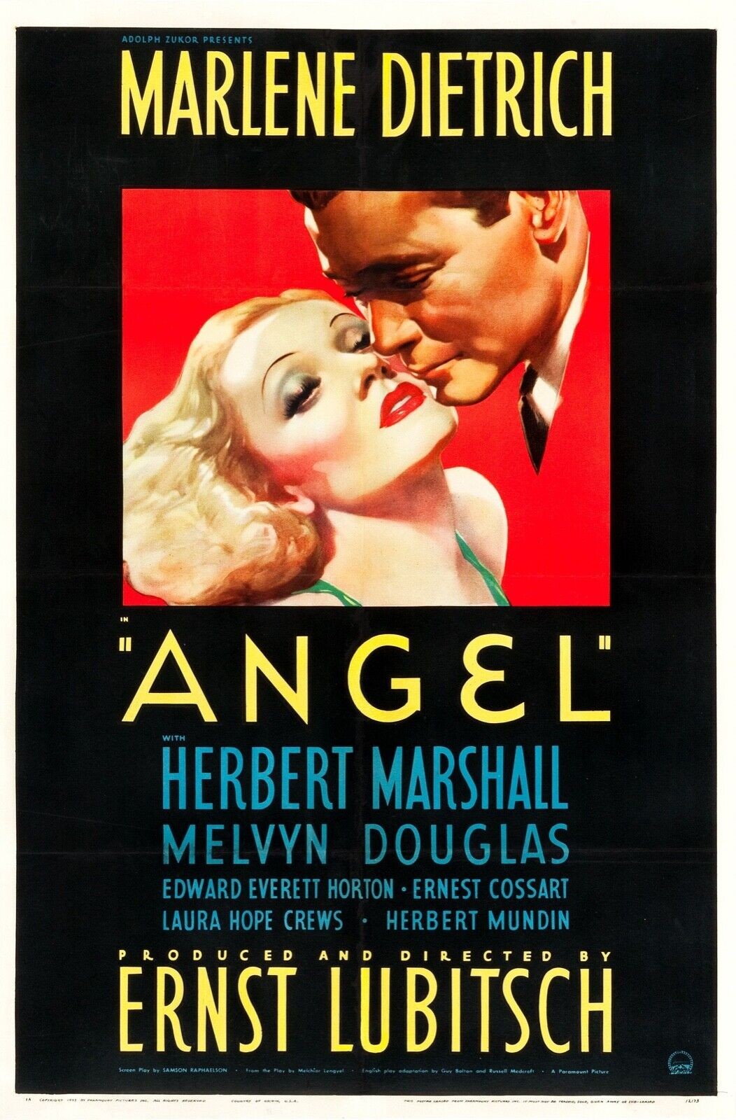 ANGEL, MARLENE DIETRICH, 1937, REPRO MOVIE POSTER, VINTAGE, HQ