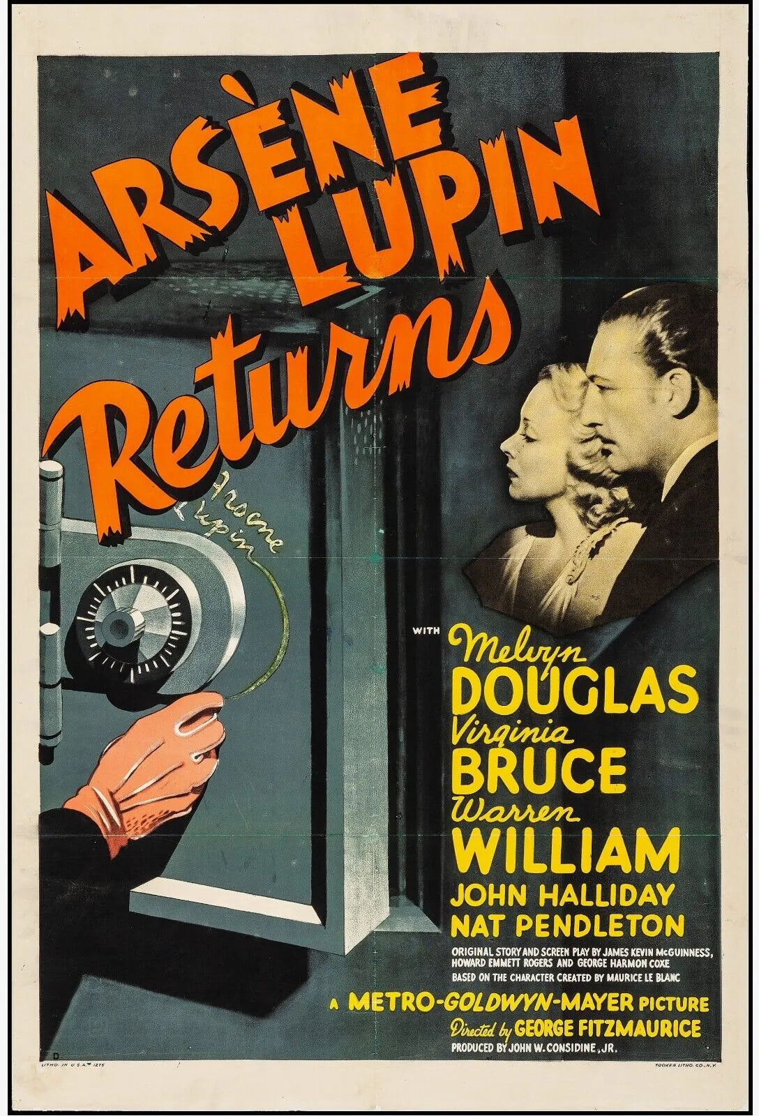 ARSÈNE LUPIN RETURNS, MELVYN DOUGLAS, 1938, REPRO MOVIE POSTER, VINTAGE, HQ