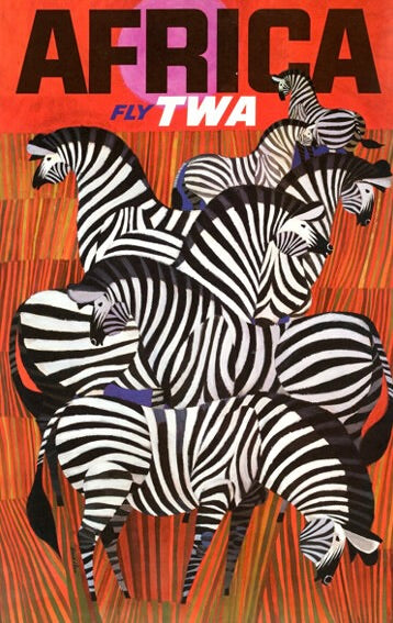 Affiche vintage Afrique TWA avec zèbres. Illustration safari rétro colorée. Reproduction HQ – Poster Hub Studio.