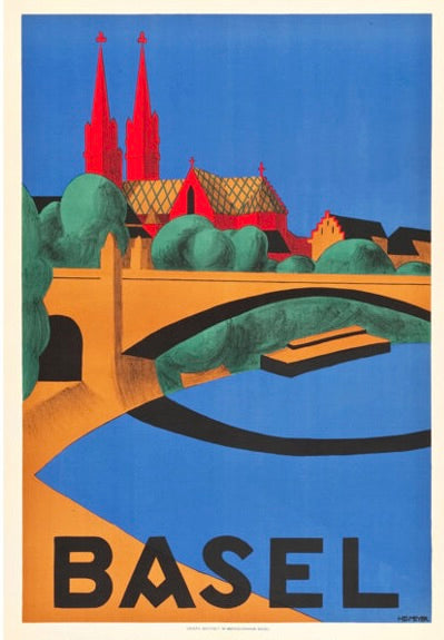 Affiche vintage de Bâle en Suisse au style graphique coloré. Illustration touristique rétro élégante. Reproduction HQ – Poster Hub Studio.