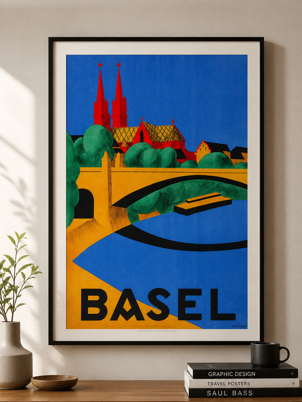 Affiche vintage de Bâle en Suisse au style graphique coloré. Illustration touristique rétro élégante. Reproduction HQ – Poster Hub Studio.