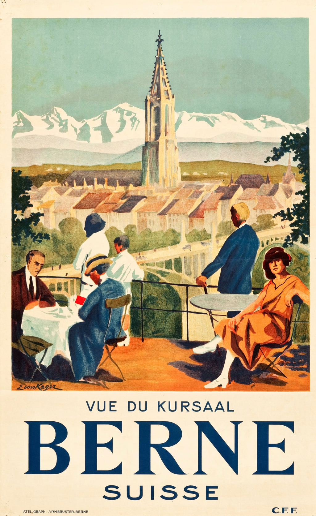 Affiche vintage de Berne en Suisse. Illustration élégante avec vue du Kursaal et des Alpes. Reproduction HQ – Poster Hub Studio.