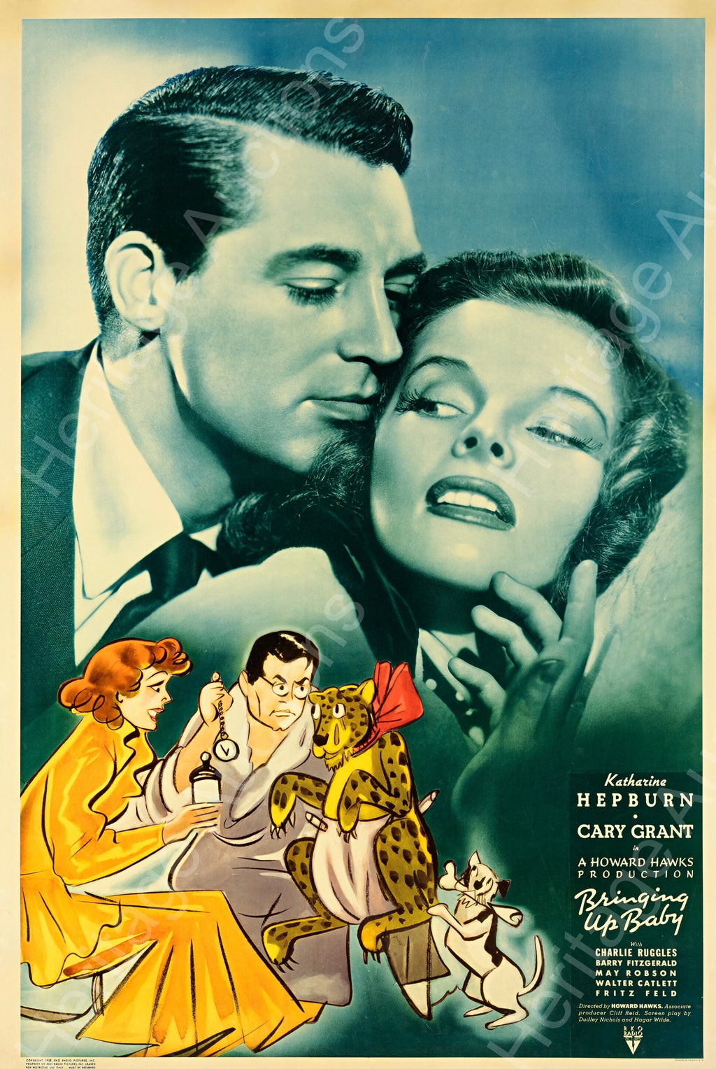 Affiche vintage Bringing Up Baby (1938) avec Cary Grant et Katharine Hepburn. Comédie culte hollywoodienne – reproduction HQ