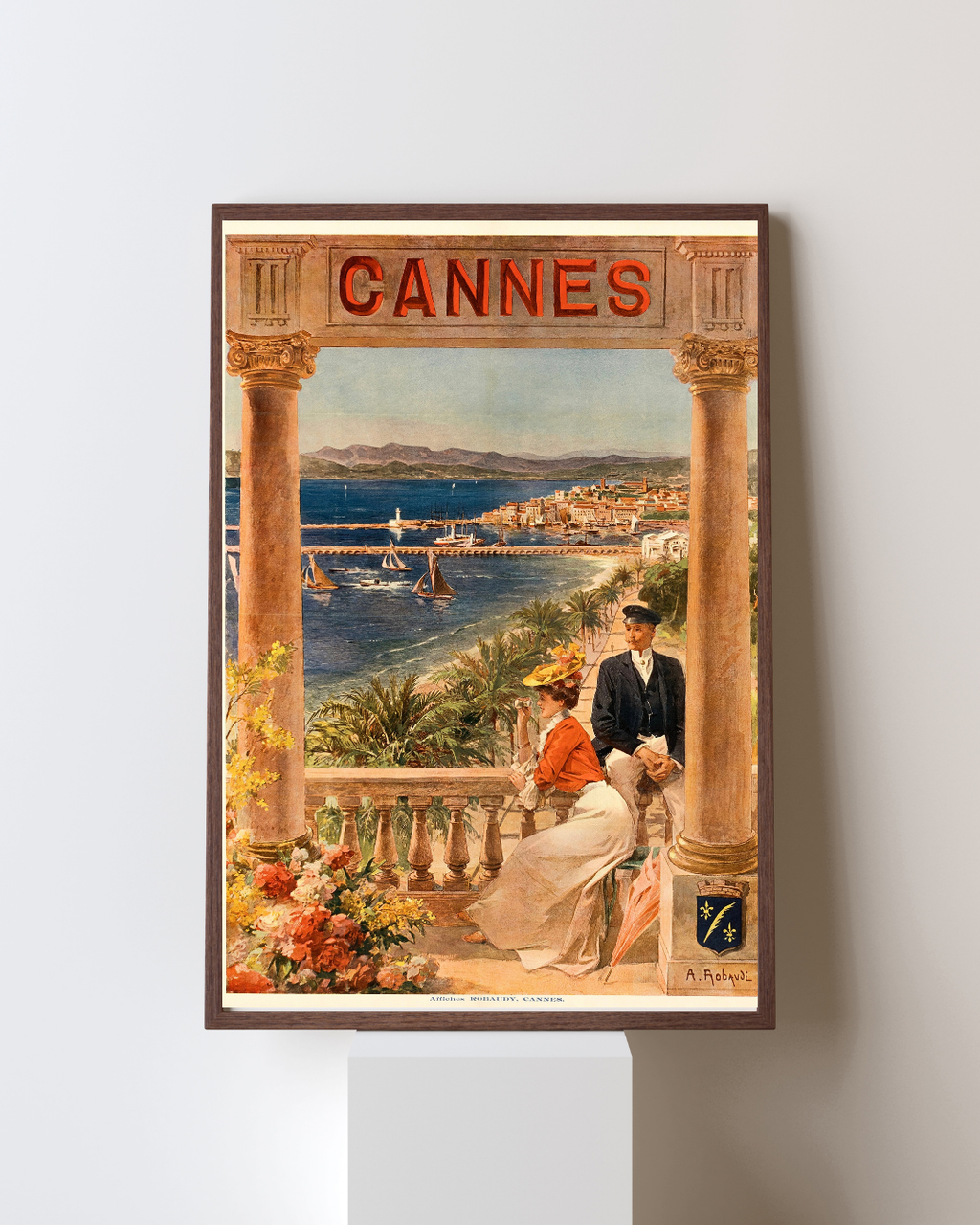 Affiche vintage Cannes Côte d’Azur. Illustration élégante du port et de la Méditerranée. Reproduction HQ – Poster Hub Studio.