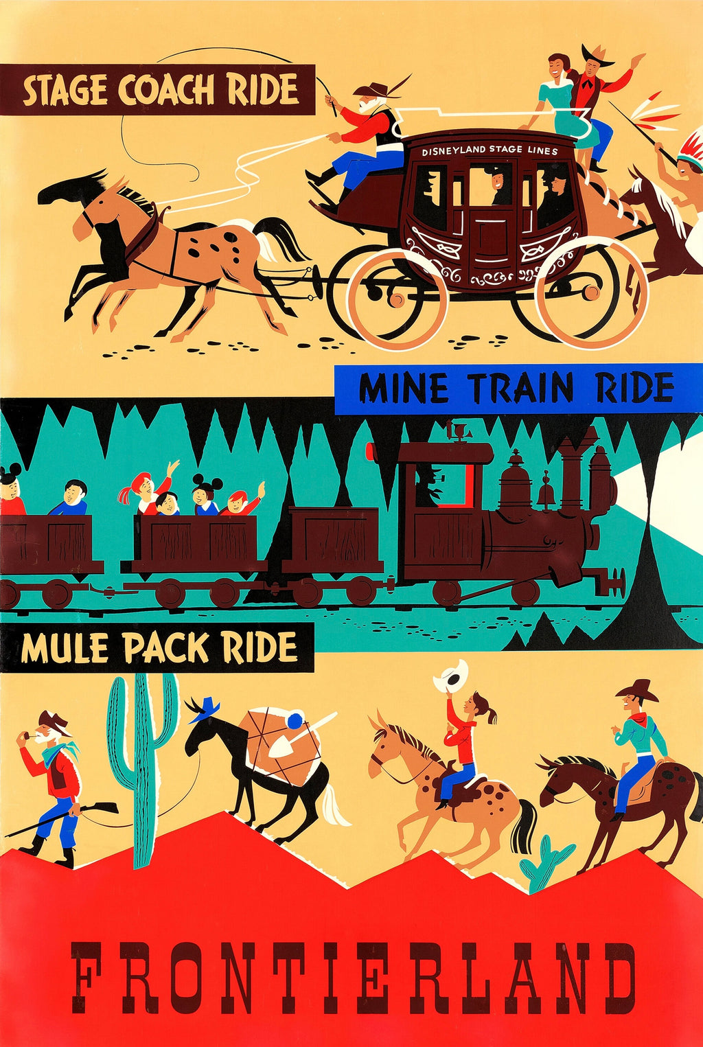 Affiche vintage Disneyland Frontierland avec attractions western. Poster rétro coloré et décoratif. Reproduction HQ – Poster Hub.