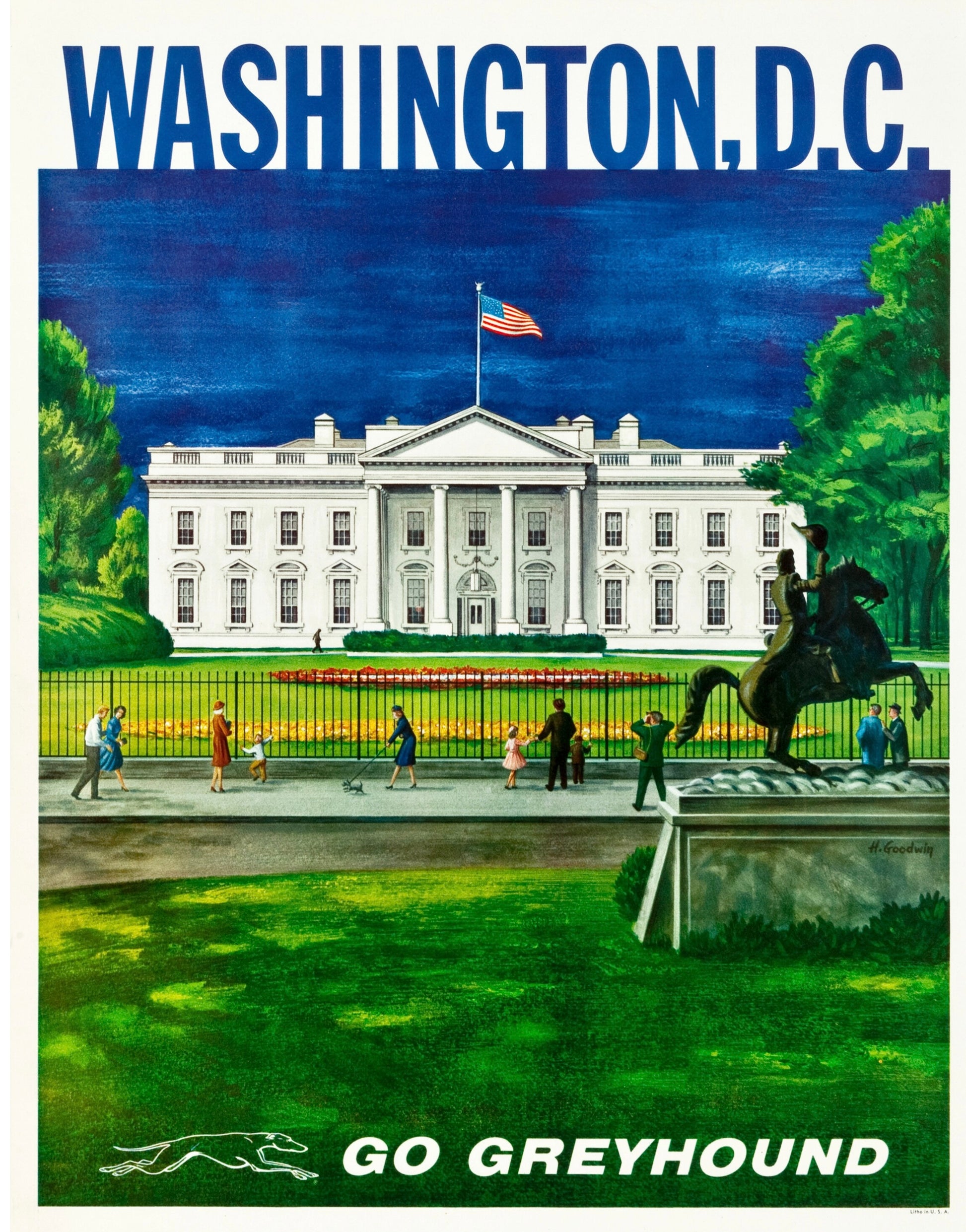 WASHINGTON D.C. – AFFICHE VINTAGE GREYHOUND – MAISON BLANCHE USA – VOYAGE AMÉRIQUE – REPRODUCTION – POSTER HUB STUDIO – HQ