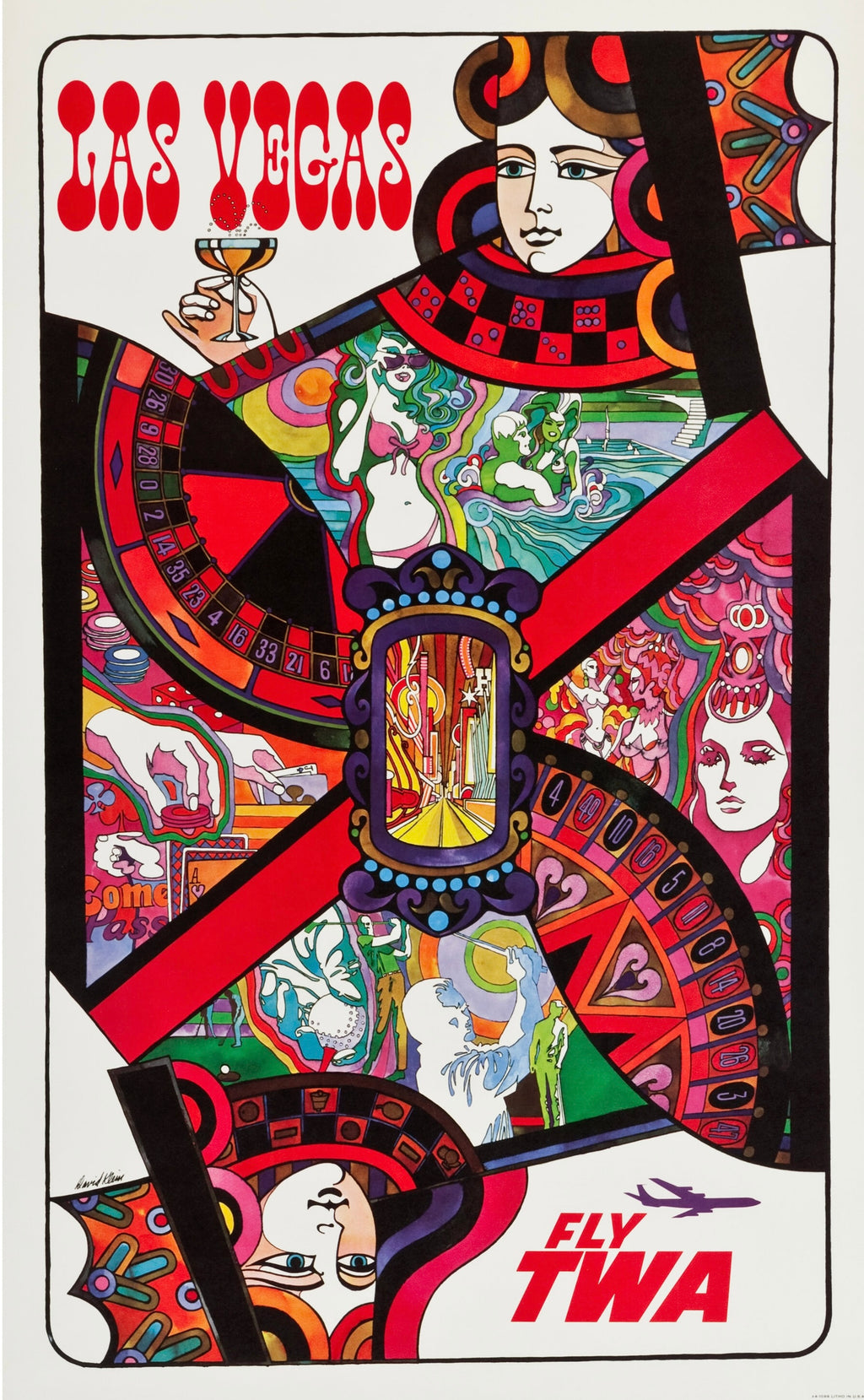 Affiche vintage Las Vegas TWA. Illustration rétro casino et jeu colorée. Reproduction HQ – Poster Hub Studio.