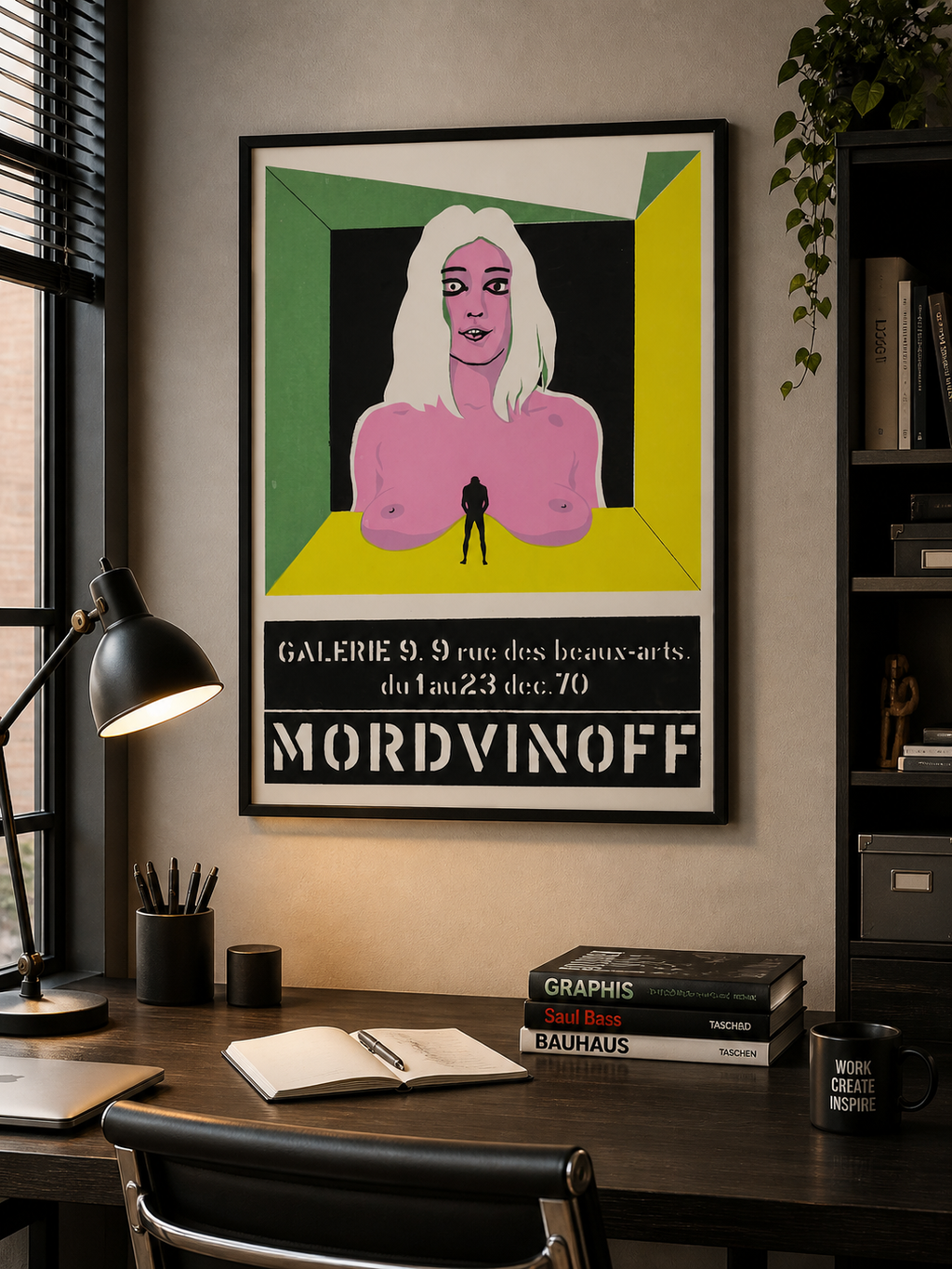 Affiche d’exposition Mordvinoff (1970) au style pop art graphique. Poster artistique original et coloré. Reproduction HQ – Poster Hub Studio.