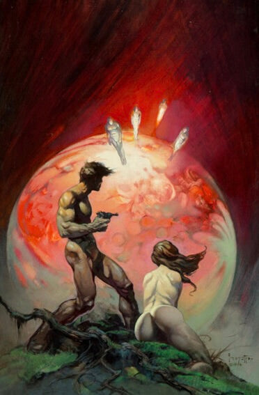 Affiche d’art fantasy Planète rouge  et science-fiction au style surréaliste. Univers visuel puissant et mystérieux. Reproduction HQ – Poster Hub Studio.