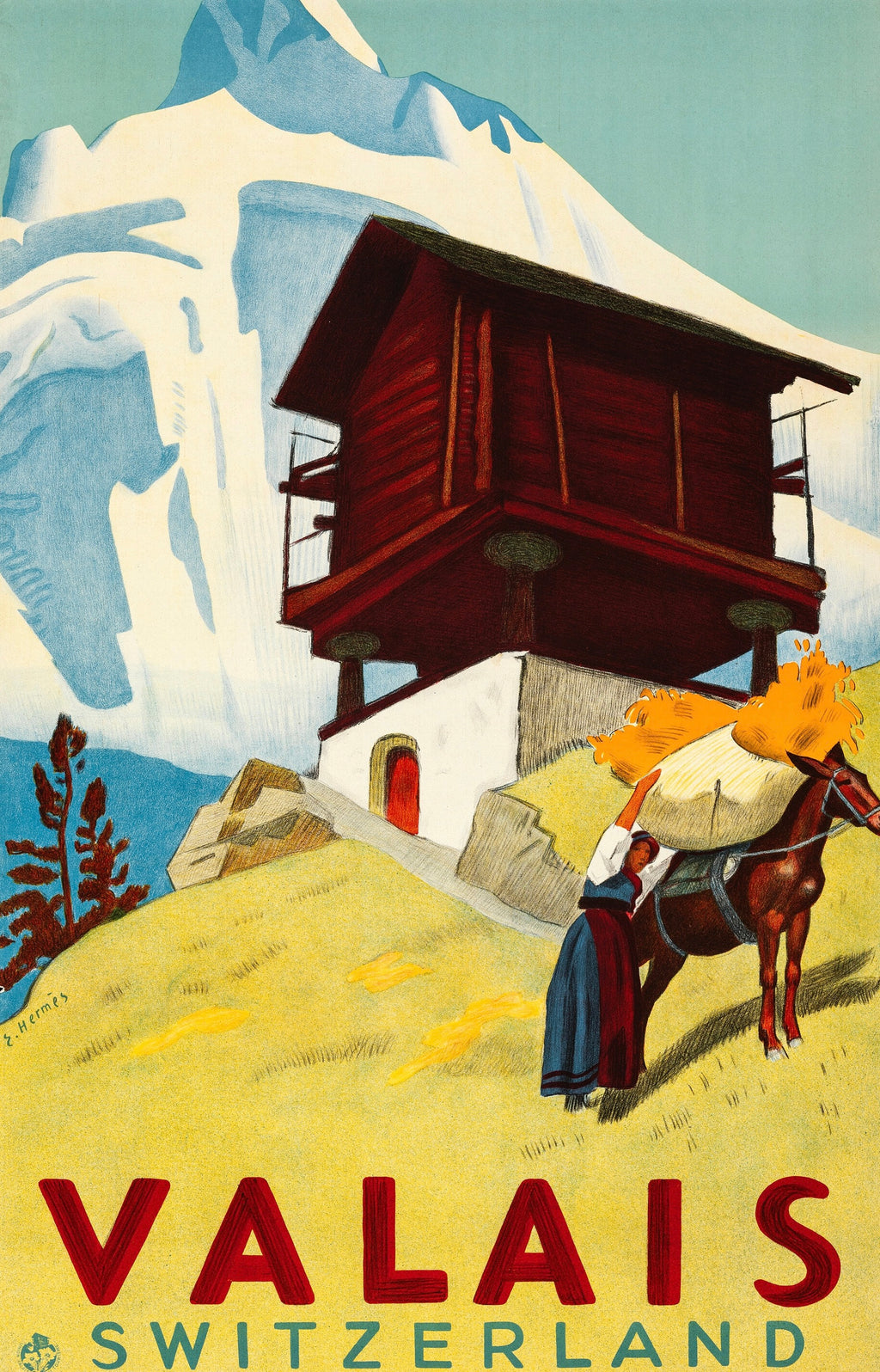 Affiche vintage Valais Suisse. Illustration alpine chalet et montagne. Reproduction HQ – Poster Hub Studio.