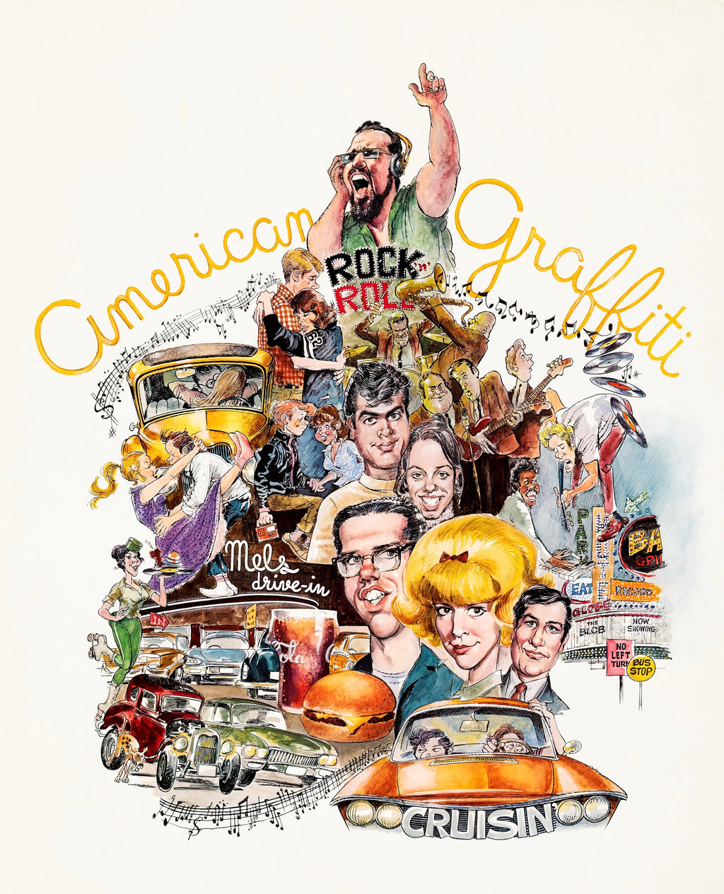 Affiche du film American Graffiti (1973) de George Lucas avec Richard Dreyfuss. Ambiance années 60 et rock’n’roll. Reproduction HQ – Poster Hub.