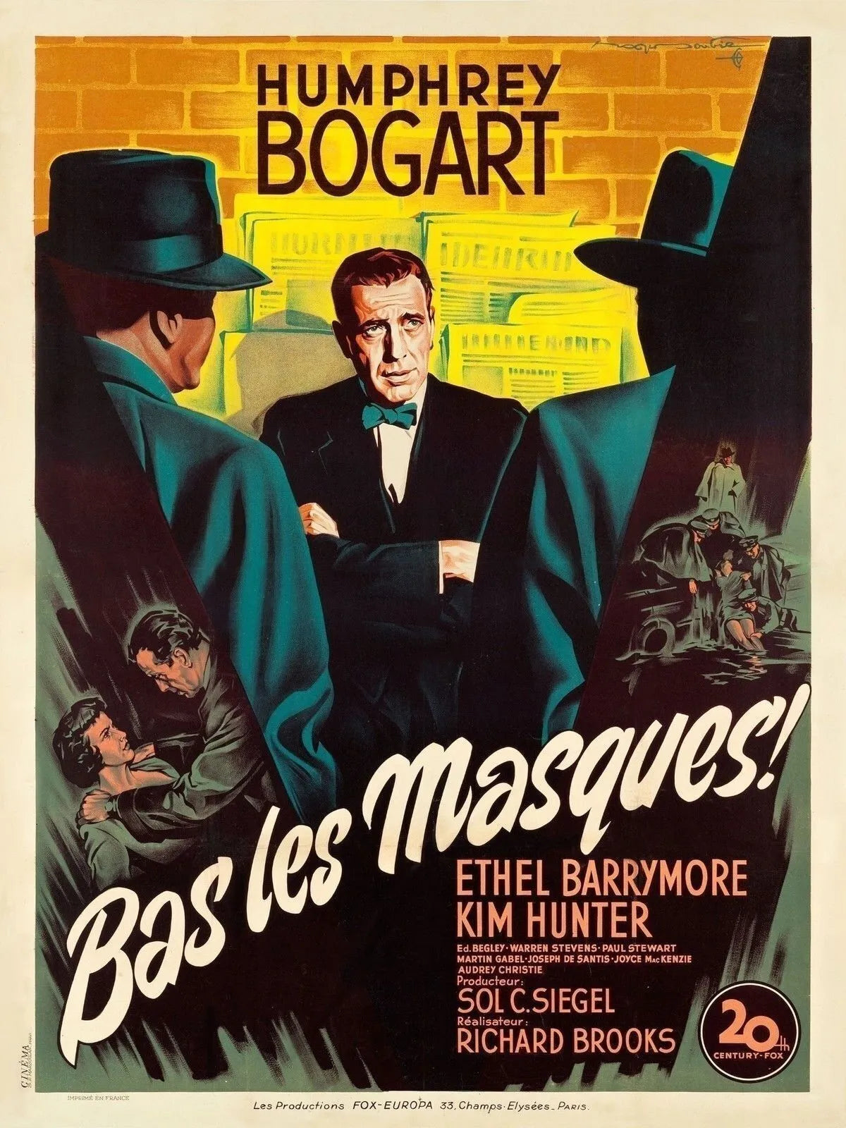 BAS LES MASQUES !, HUMPHREY BOGART, 1952, REPRO MOVIE POSTER, VINTAGE, HQ