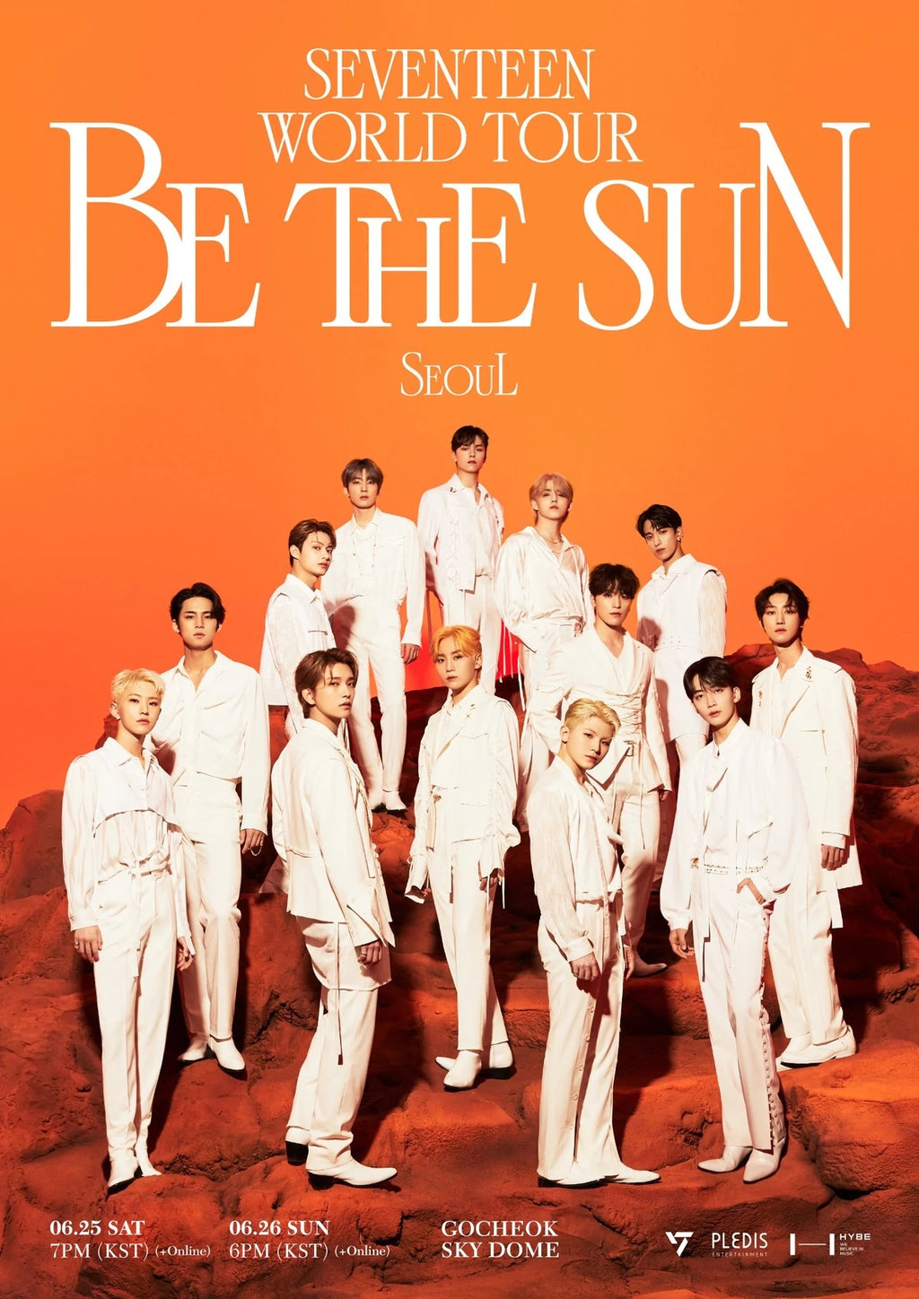 SEVENTEEN Be The Sun Seoul poster with all members in white outfits standing on rocky ground against a bright orange background.
