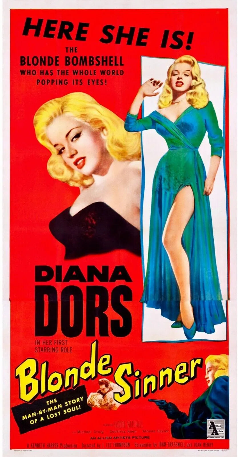 BLONDE SINNER, DIANA DORS, 1956, REPRO MOVIE POSTER, VINTAGE, HQ