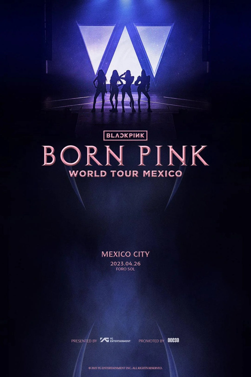 BLACKPINK Born Pink World Tour Mexico poster with silhouettes on stage and glowing triangular lights in dark blue tones.