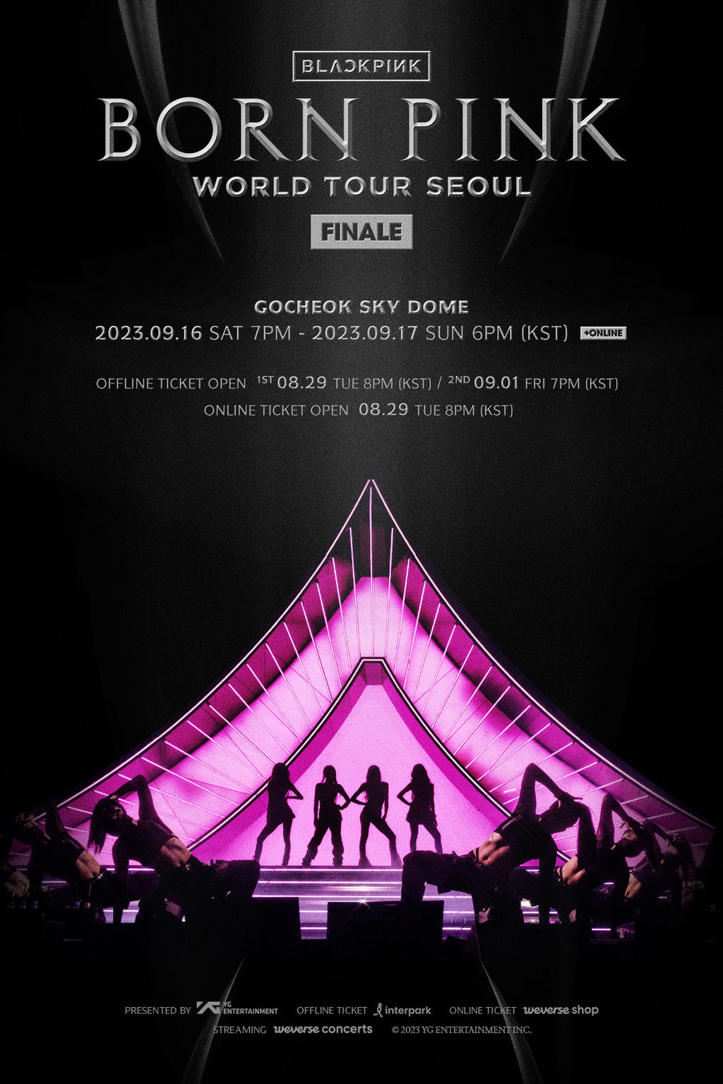 BLACKPINK Born Pink Seoul finale poster with silhouettes on stage under a glowing pink triangular set and dramatic lighting.
