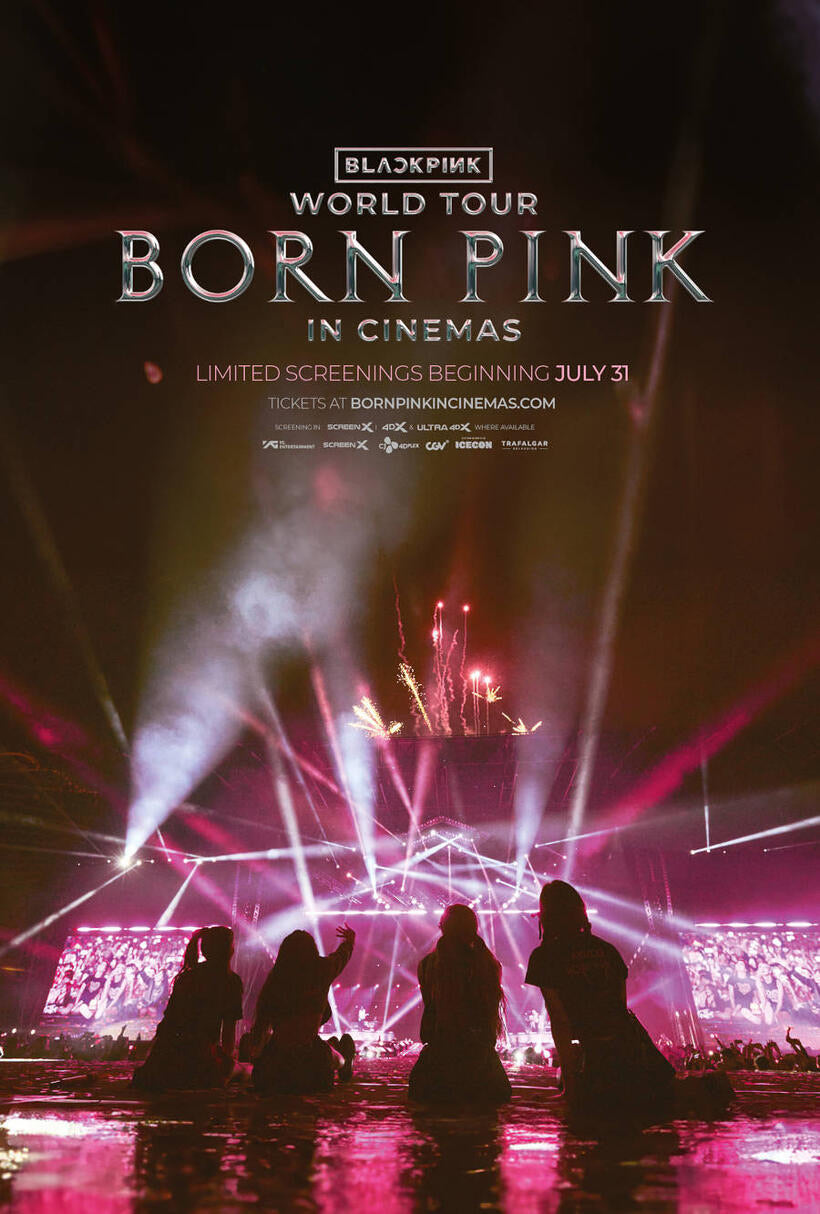 BLACKPINK Born Pink World Tour in cinemas poster with silhouettes of members facing a lit stage and fireworks.