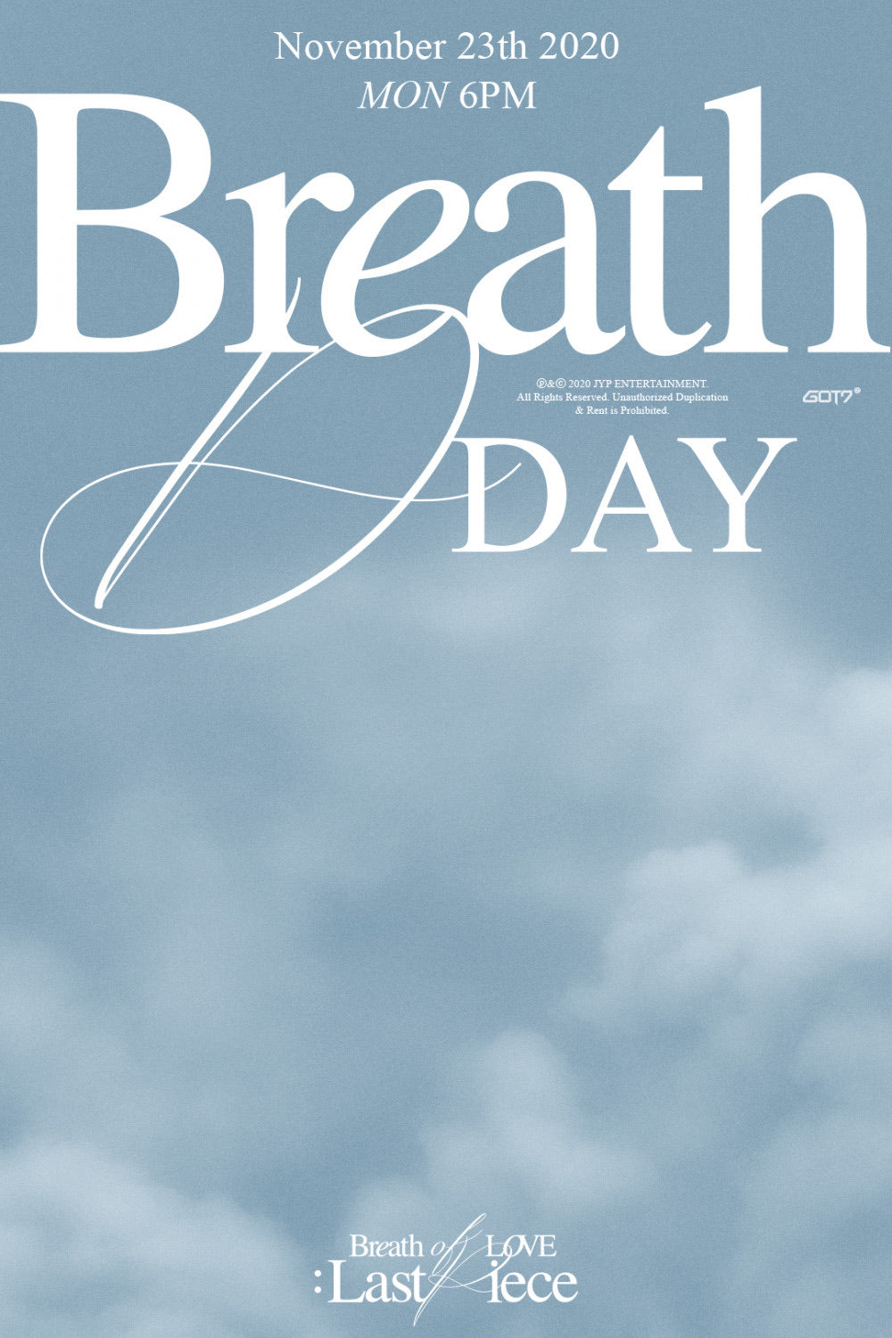 GOT7 Breath of Love teaser poster with soft blue cloudy background and large white “Breath Day” text.