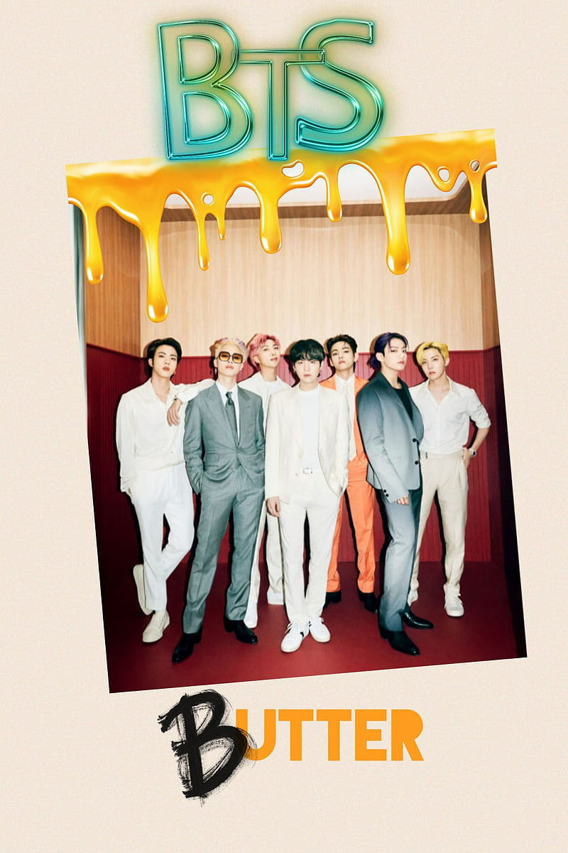 BTS Butter poster featuring all members in stylish outfits with a melting butter graphic above them and bold playful typography.