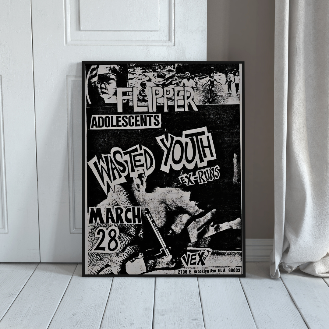 Framed poster wasted youth flipper affiche concert punk rock vintage noir et blanc decoration murale alternative