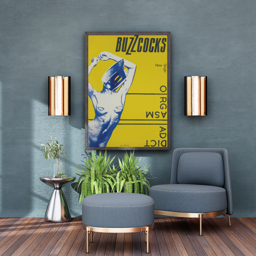Framed poster buzzcocks orgasm addict affiche punk rock vintage jaune et bleu decoration murale musique alternative