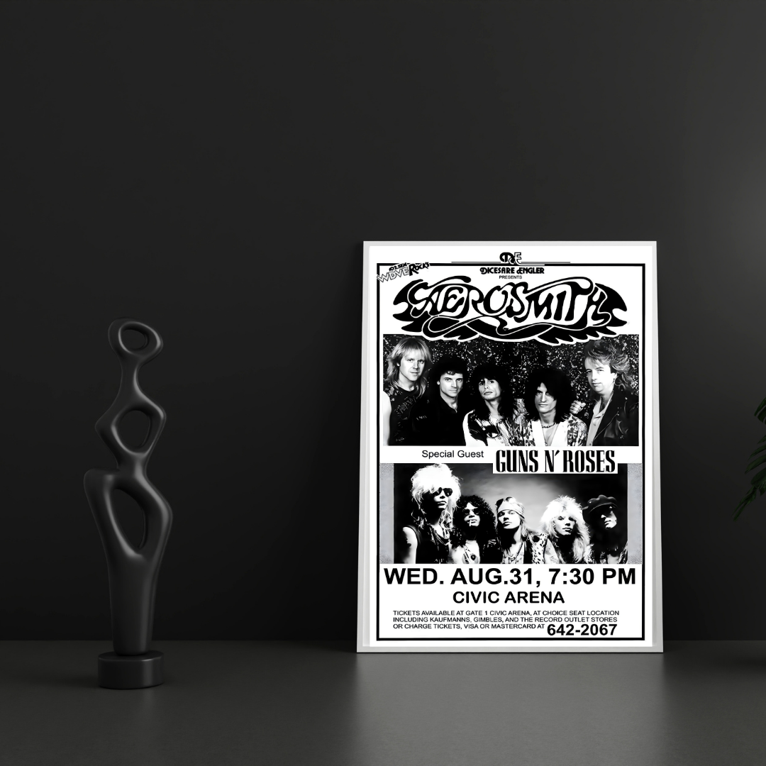 Framed poster aerosmith guns n roses affiche concert rock classique noir et blanc decoration murale musique hard rock