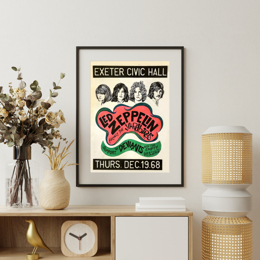 Framed poster led zeppelin 1968 affiche concert vintage rock exeter civic hall decoration murale musique retro