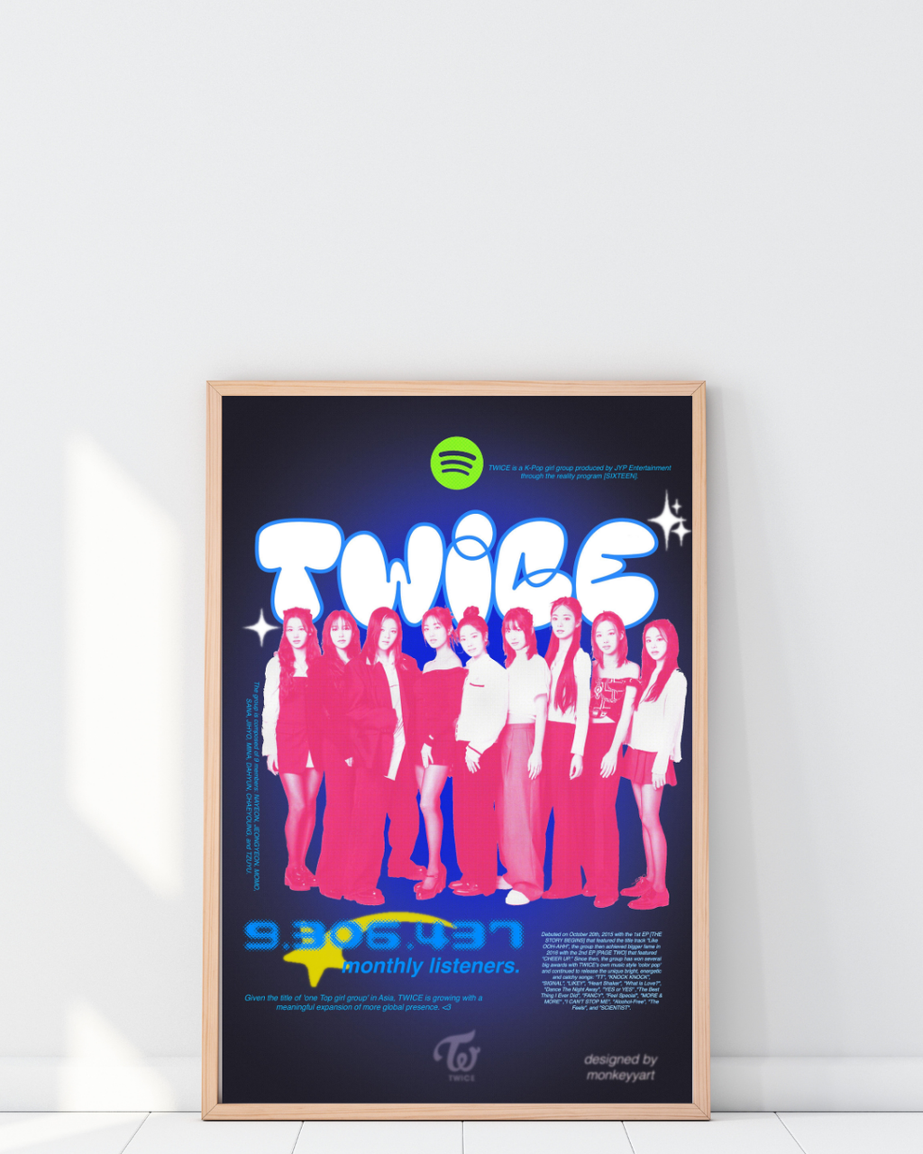 Affiche TWICE K-Pop JYP Entertainment encadrée sur mur – décoration murale K-Pop rose néon collector | Poster Hub Studio