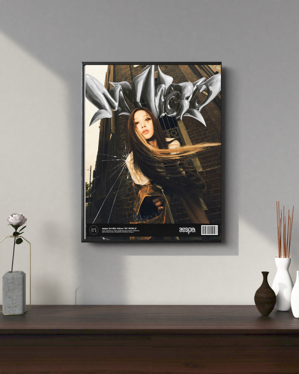 Framed aespa My World poster featuring a bold urban setting and futuristic design elements, adding a modern and artistic K-pop aesthetic.
