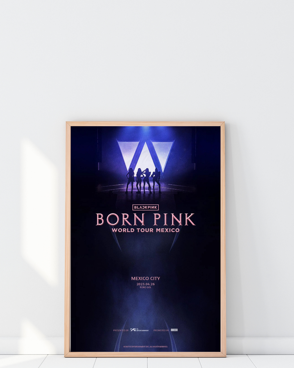 Framed BLACKPINK Mexico tour poster featuring dramatic stage silhouettes and cool-toned lighting, creating a modern and immersive concert aesthetic.