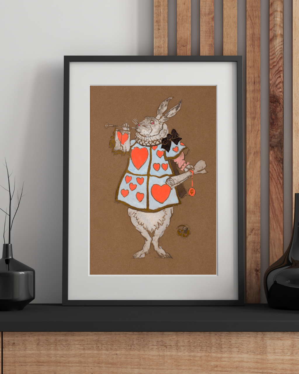 WHITE RABBIT WITH HEARTS – WHIMSICAL VINTAGE ILLUSTRATION POSTER HUB STUDIO RÉTRO, HQ