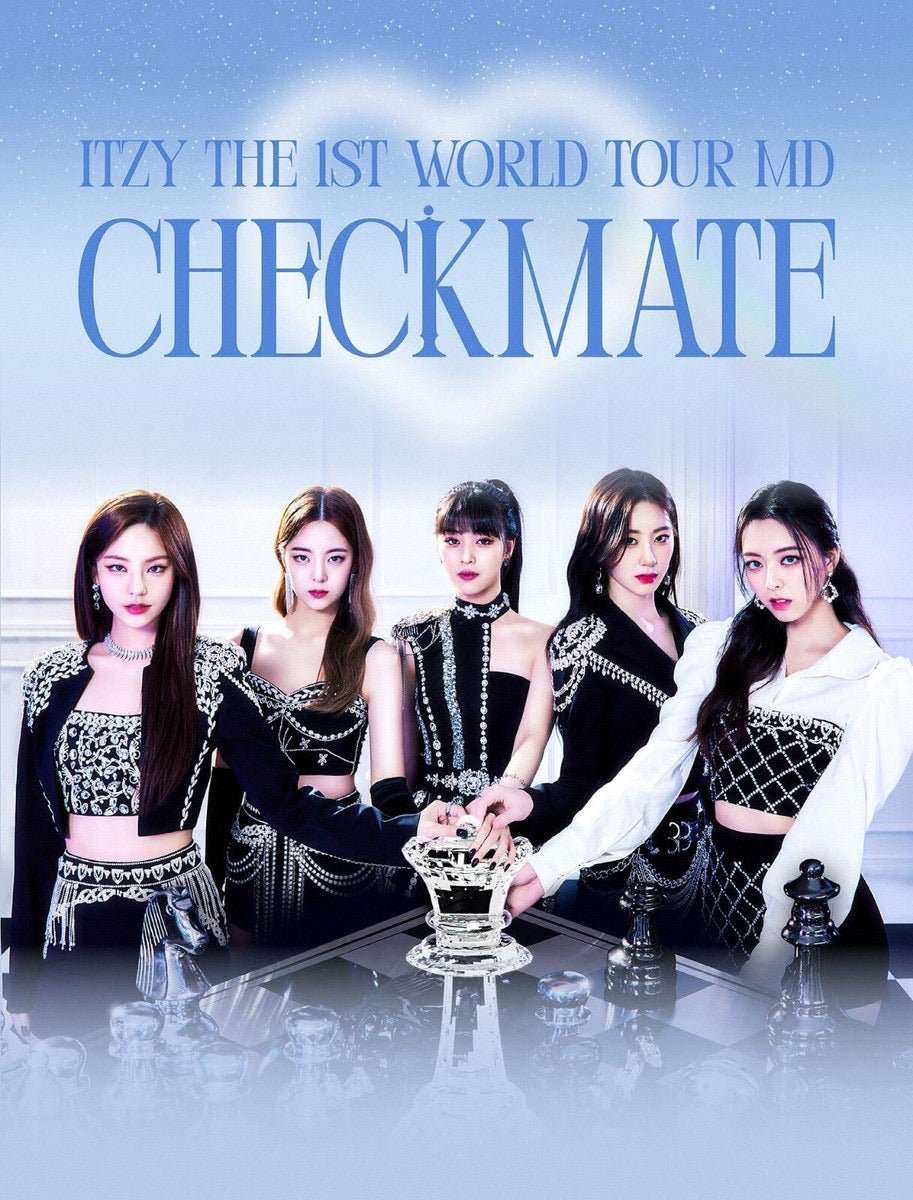 ITZY Checkmate poster featuring all members standing around a chessboard with a crown piece, wearing elegant black outfits and creating a powerful, royal concept.